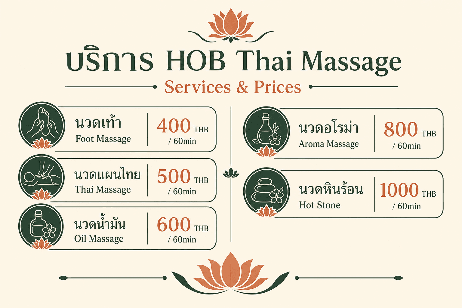 ราคาบริการนวด HOB Thai Massage เชิงทะเล ภูเก็ต